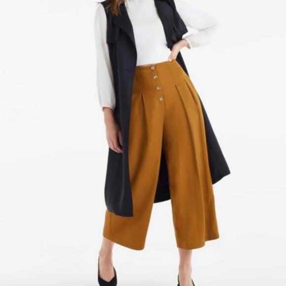 NWT Vetta Button Fly Culottes Wide Leg Cropped High Rise Pants Gold Women's SZ 4